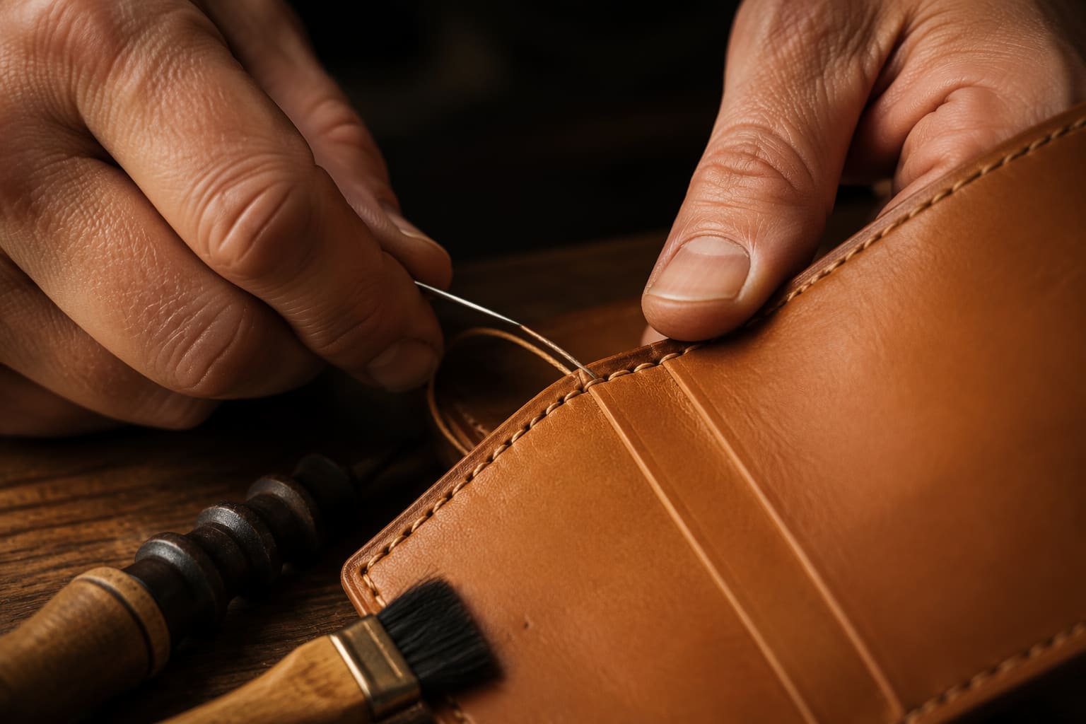 Leather wallet details being checked with precision measuring tools