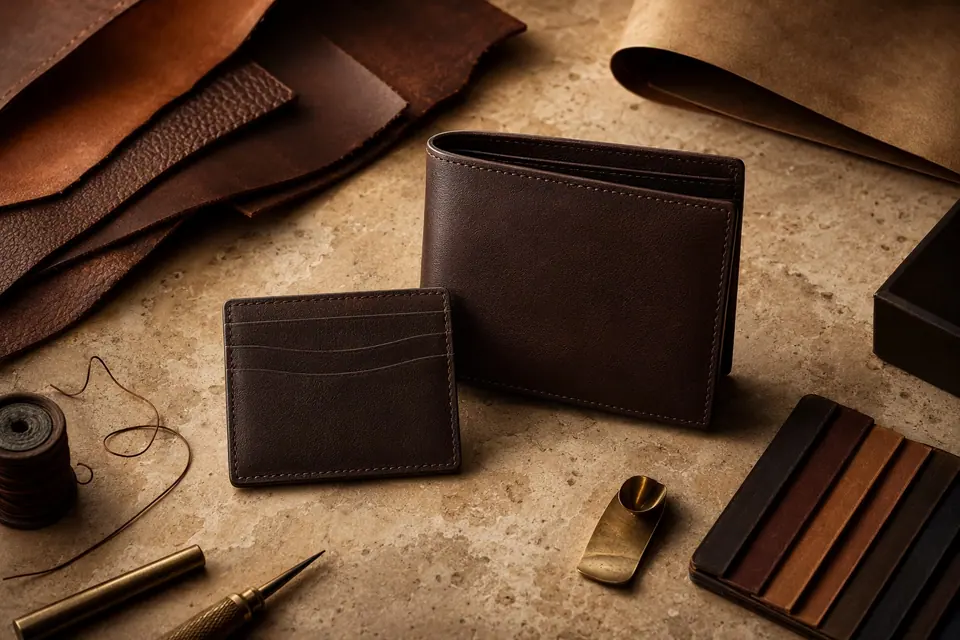 Full-grain leather wallet and card holder with leather swatches and craft tools