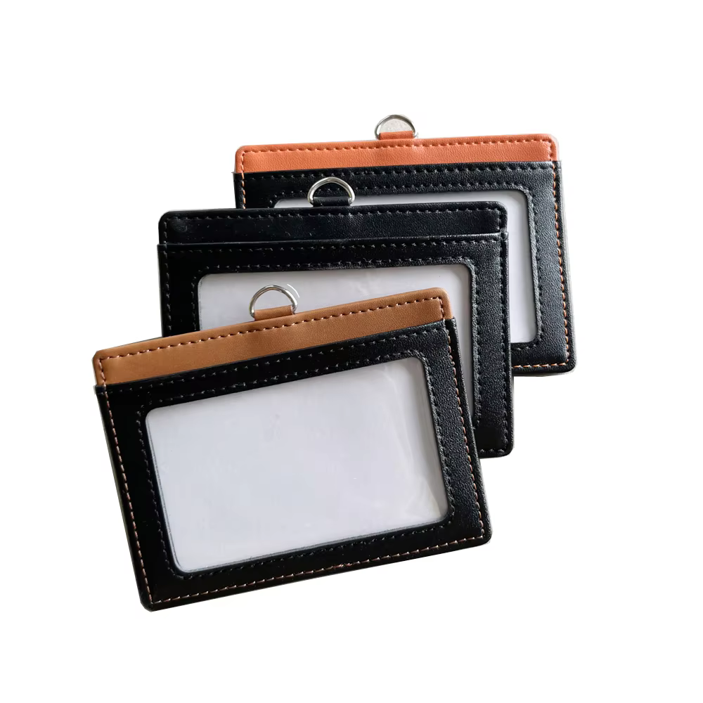 Retractable Lanyard Genuine Leather Work Card Holder